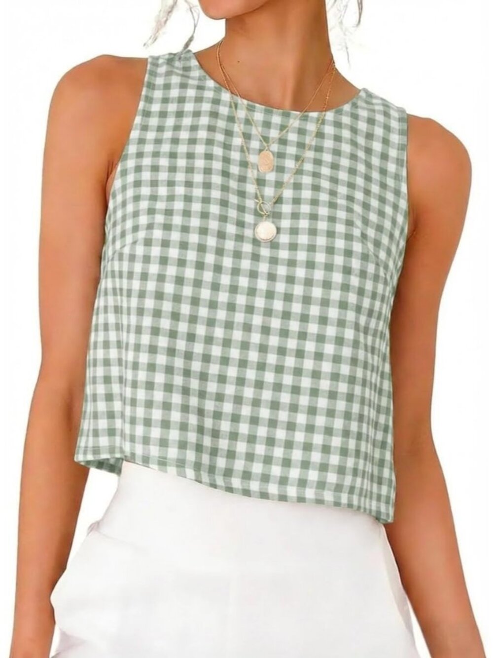 Women's Green 100% Cotton Crew Neck Spring Summer Sleeveless Gingham Tank Tops